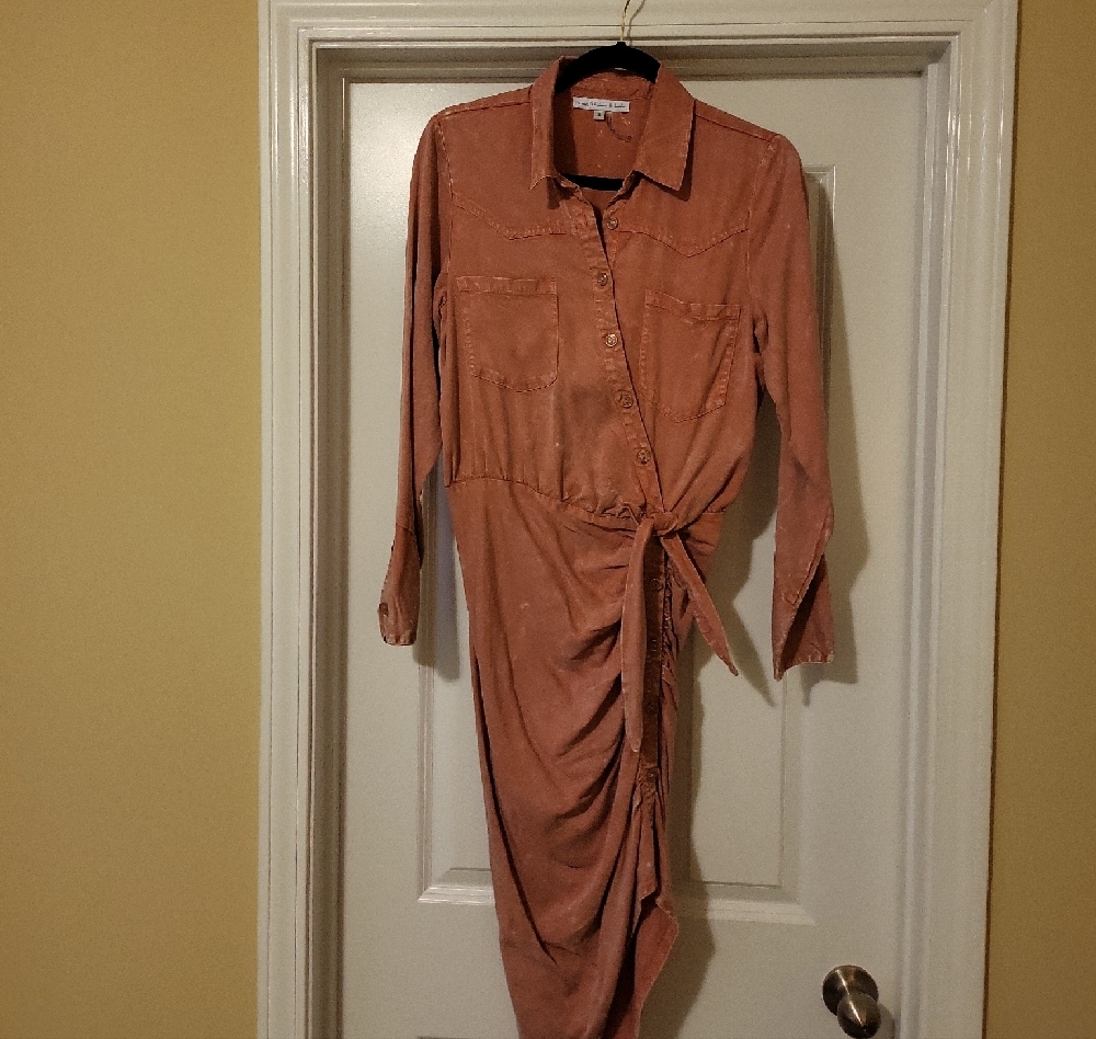 AsymmetricalRust Button-Up (Pinkish Tie Dye) Dress with Tie Detail